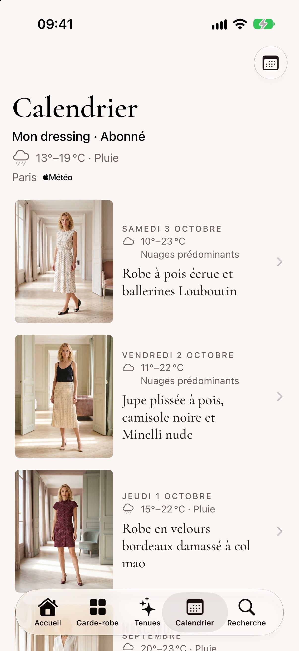 Le calendrier : chaque tenue portée, avec la météo de ce jour-là.