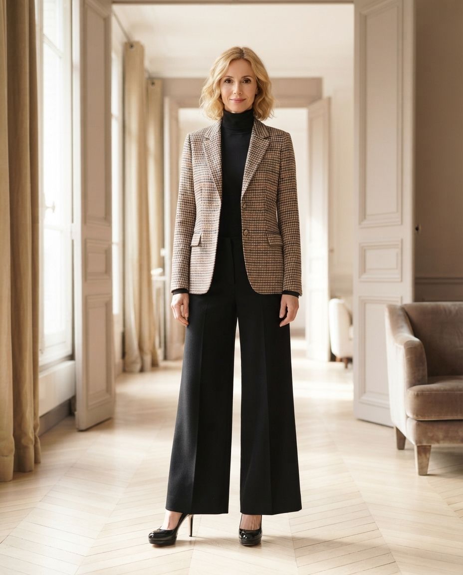 Le même pantalon avec un col roulé noir et le blazer pied-de-poule.