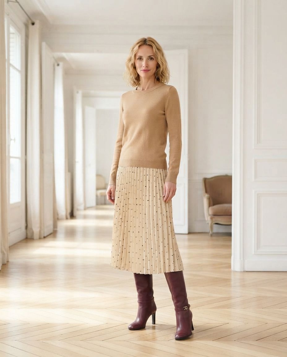 Les mêmes bottes avec une jupe plissée crème et un pull camel.