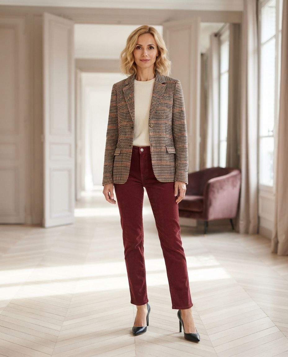 Le même jean, un pull écru, un blazer à carreaux et des escarpins noirs.