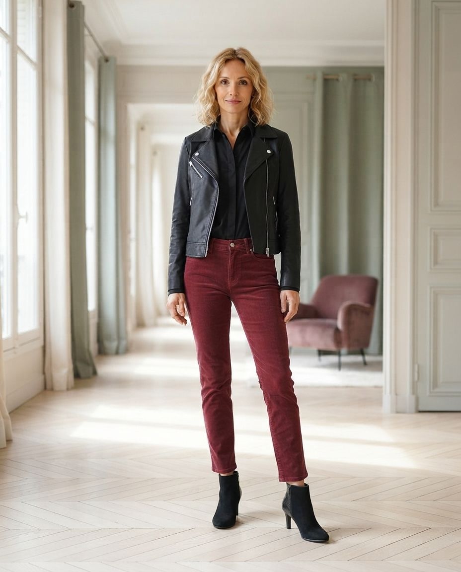 Le même jean, une chemise noire, un perfecto et des bottines noires.