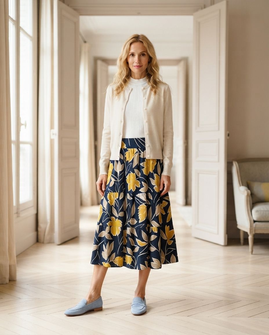 Les mêmes mocassins avec une jupe fleurie, un top blanc et un cardigan écru.