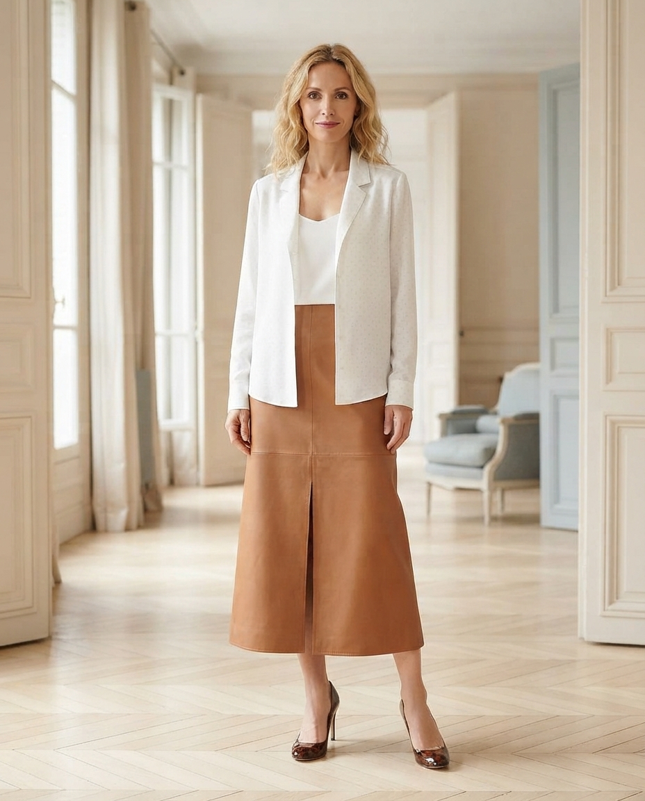 Une femme en chemisier blanc jacquard ouvert sur un haut blanc, jupe longue en cuir camel fendue devant et escarpins vernis bruns, dans une pièce au parquet clair.