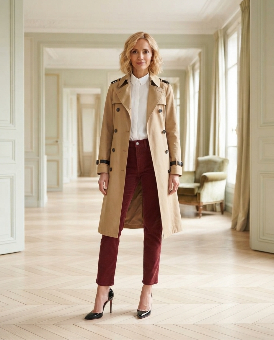 Une femme en trench camel ouvert sur une chemise blanche, un jean bordeaux en velours côtelé et des escarpins vernis noirs, dans une pièce au parquet en chevrons.